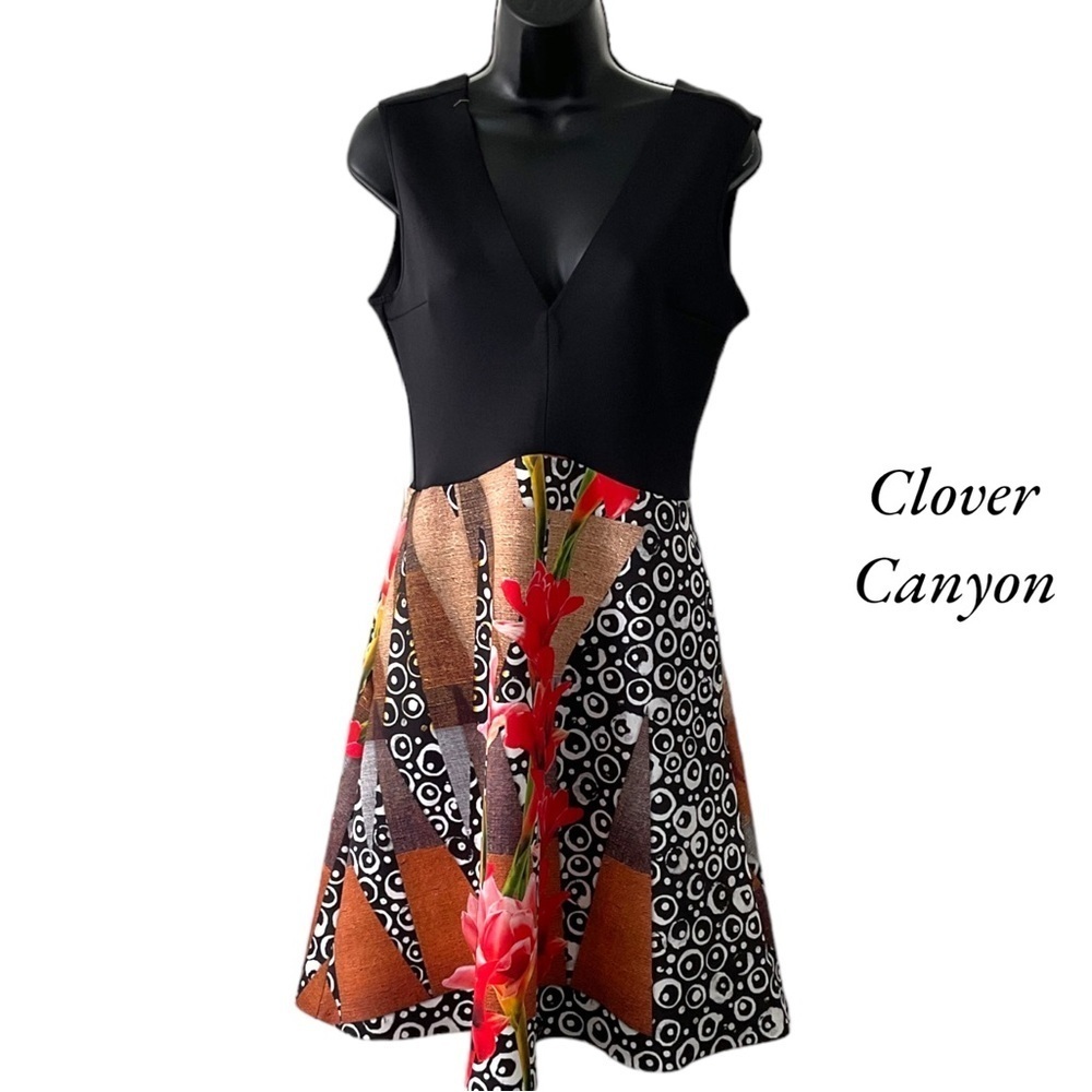 Clover Canyon Black & Multicolor V-Neck Floral Panel Dress